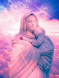 a mother holding her child baby with a red heart balloon