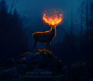 deer flame forest night fire