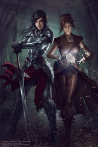 Amra is the taller, more bad-ass-but-beautiful elf warrioress with dark hair and attitude.