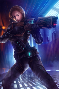It's an OC-fanart of Mage: The Ascension. Her name is Letycja Szuba and she's part of the Border Corps Division of the Void Engineers organization of mages. Basically she's a space marine with techno-magical equipment, like a plasma rifle and heat-absorptive armour!