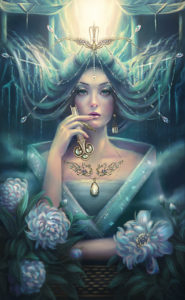 illustration made for training center of chinese culture within the project "Three Parts or Three Styles"White Nephrite Maiden stands at the gate