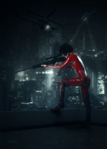 girl in red with a gun shooting